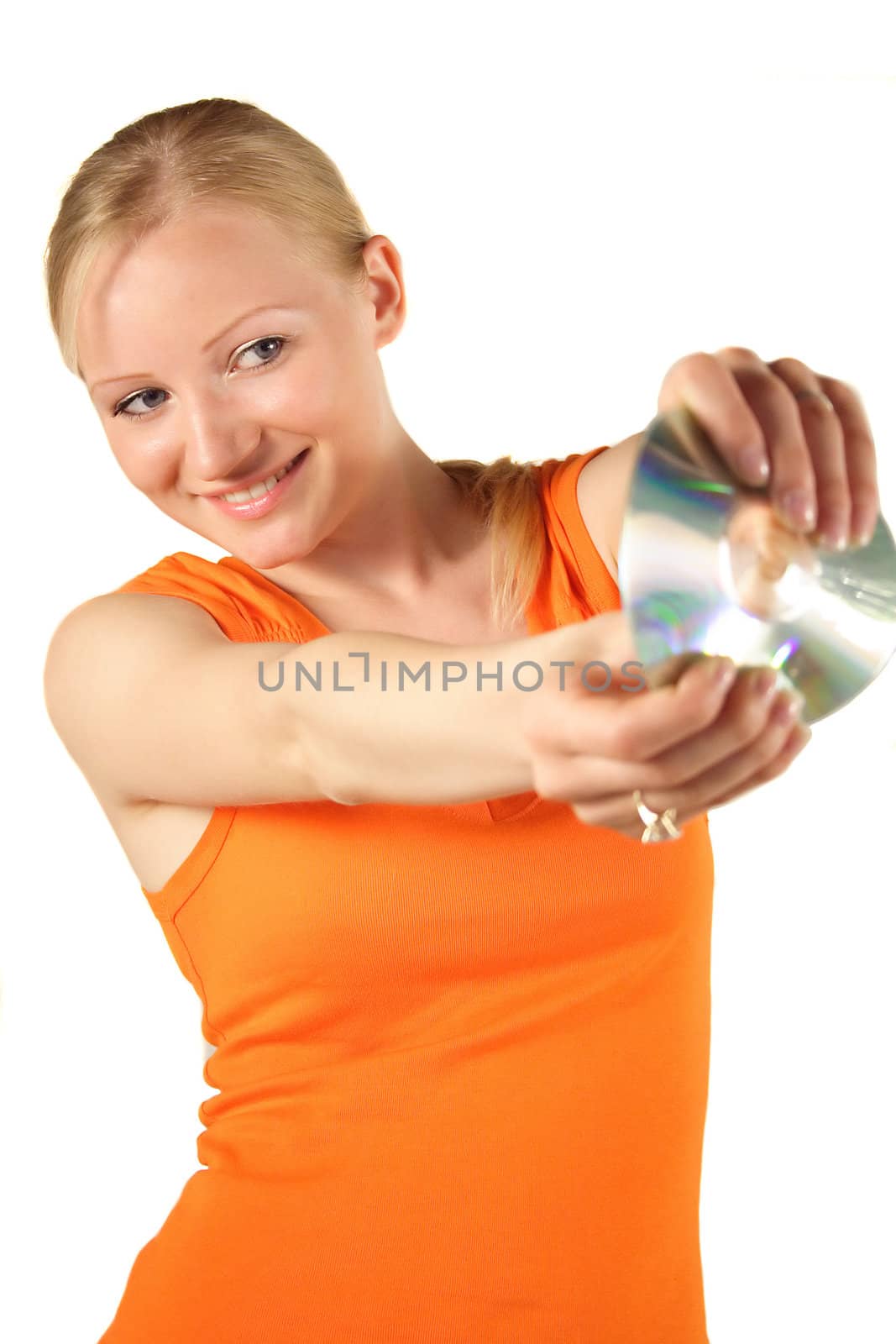 A young handsome woman bending a cd ord dvd. All isolated on white background.