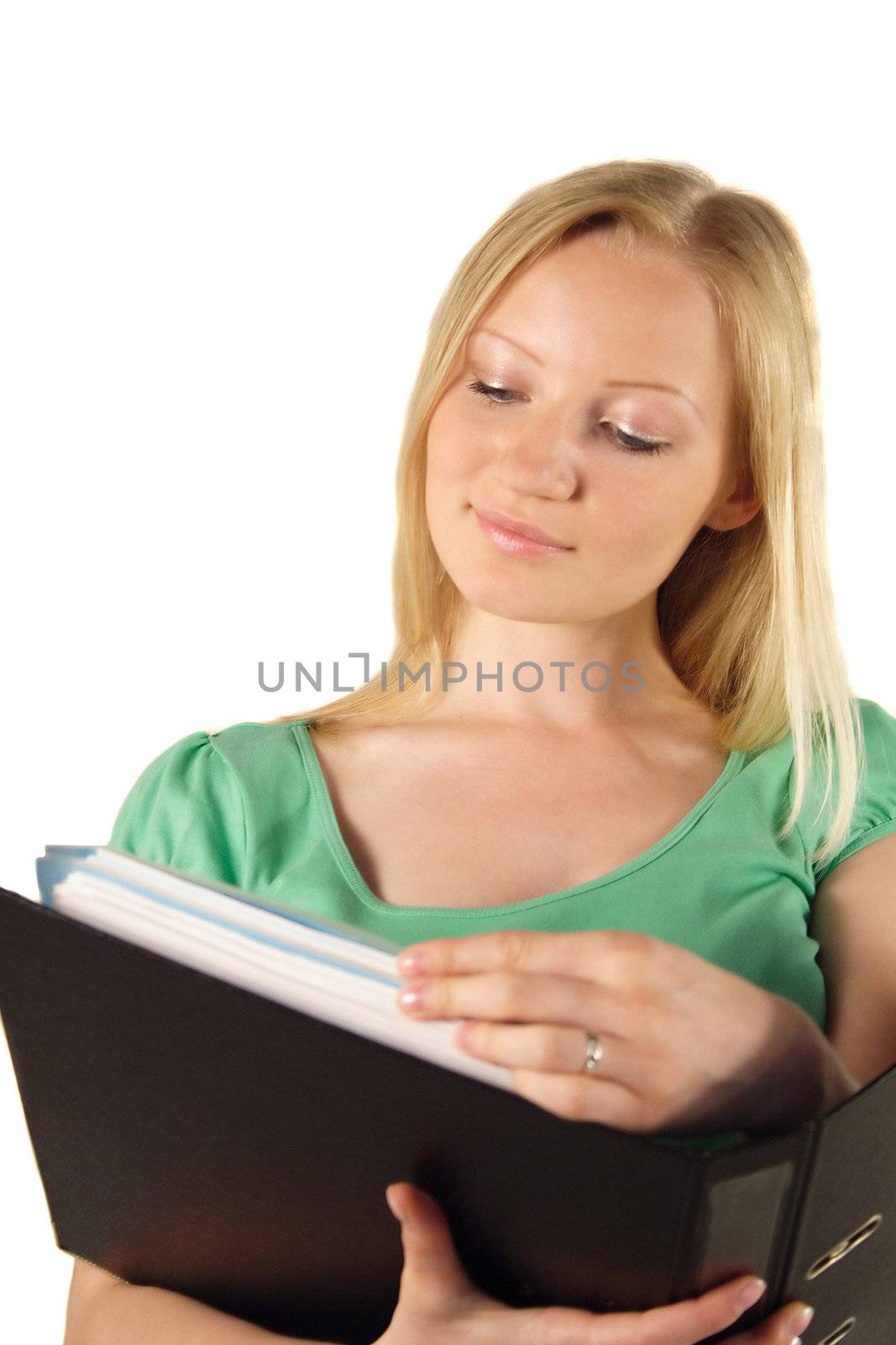 A young handsome woman studying her documents. All isolated on white background.