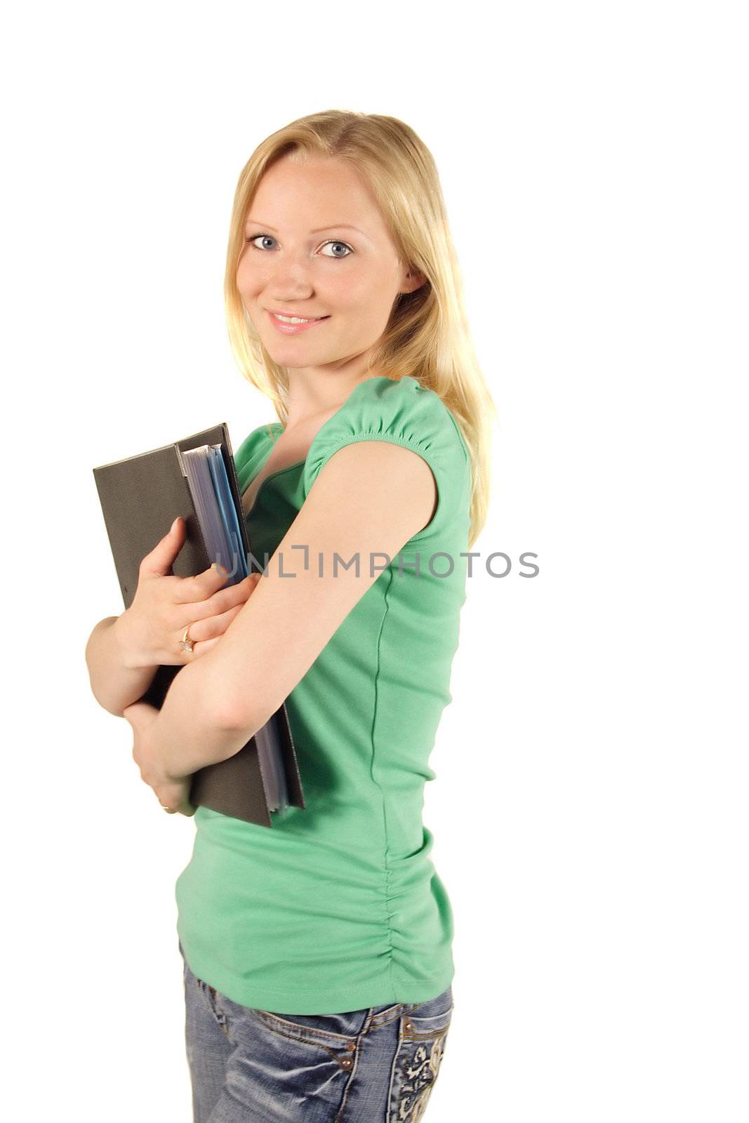 A young handsome student holding her documents. All isolated on white background.