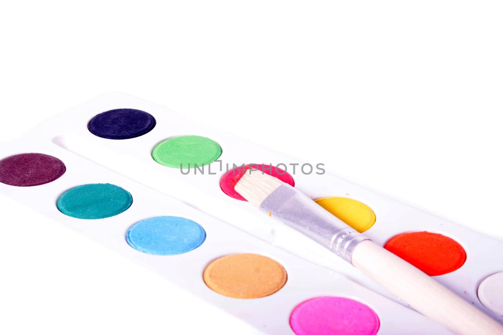 A paintbox and a paintbrush on an isolated white background.