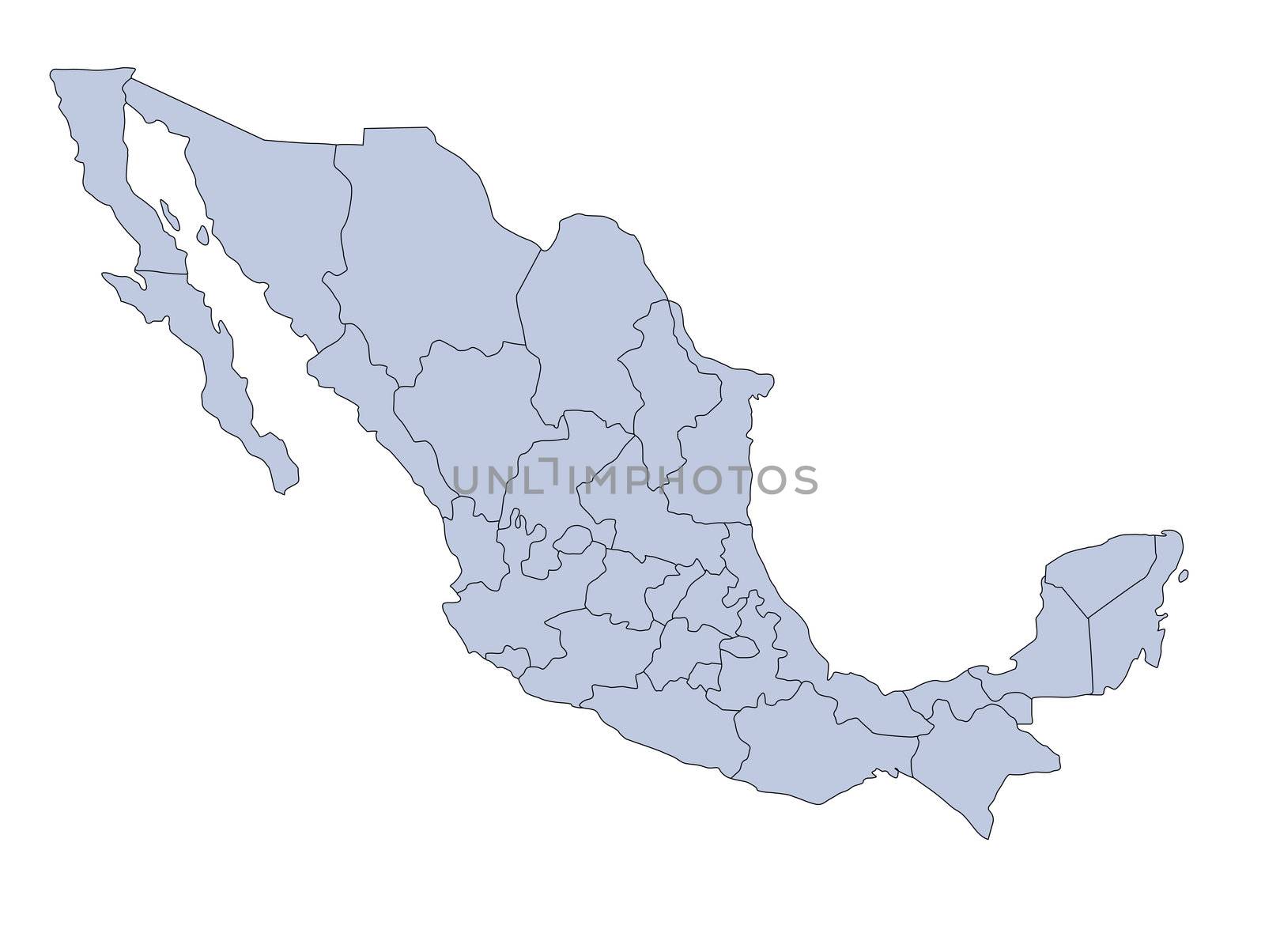 A map of Mexico in blue tone showing the different provinces. All isolated on white background.