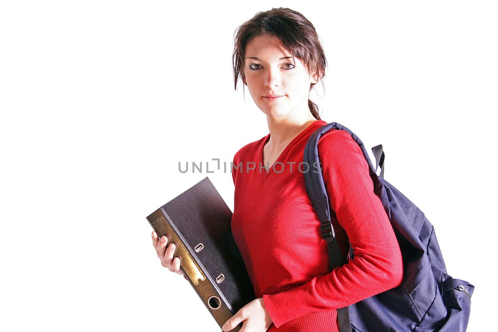 An attractive young student. All on white background.