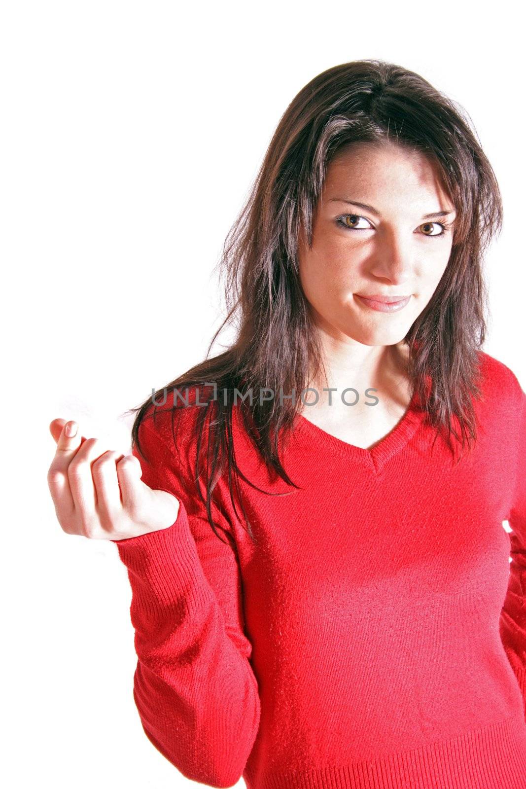 Attractive young woman making a greedy gesture. All isolated on white background.