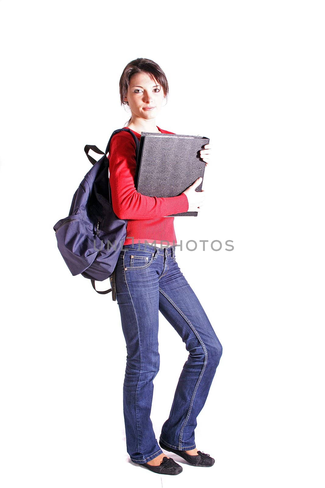 Full length shot of an attractive student. All on white background.