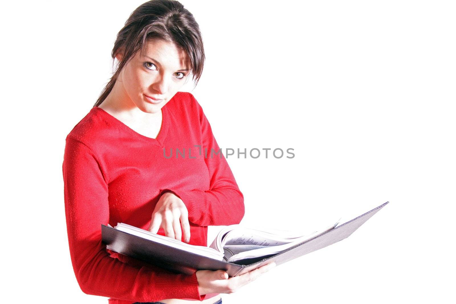Attractive teenage girl holding her school papers. All on white background.