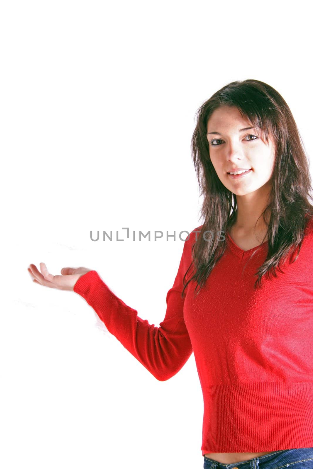 Attractive young woman presenting something. All on white background.