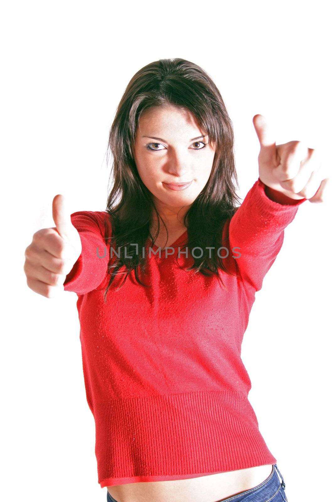 Attractive young woman showing thumbs up. All on white background.