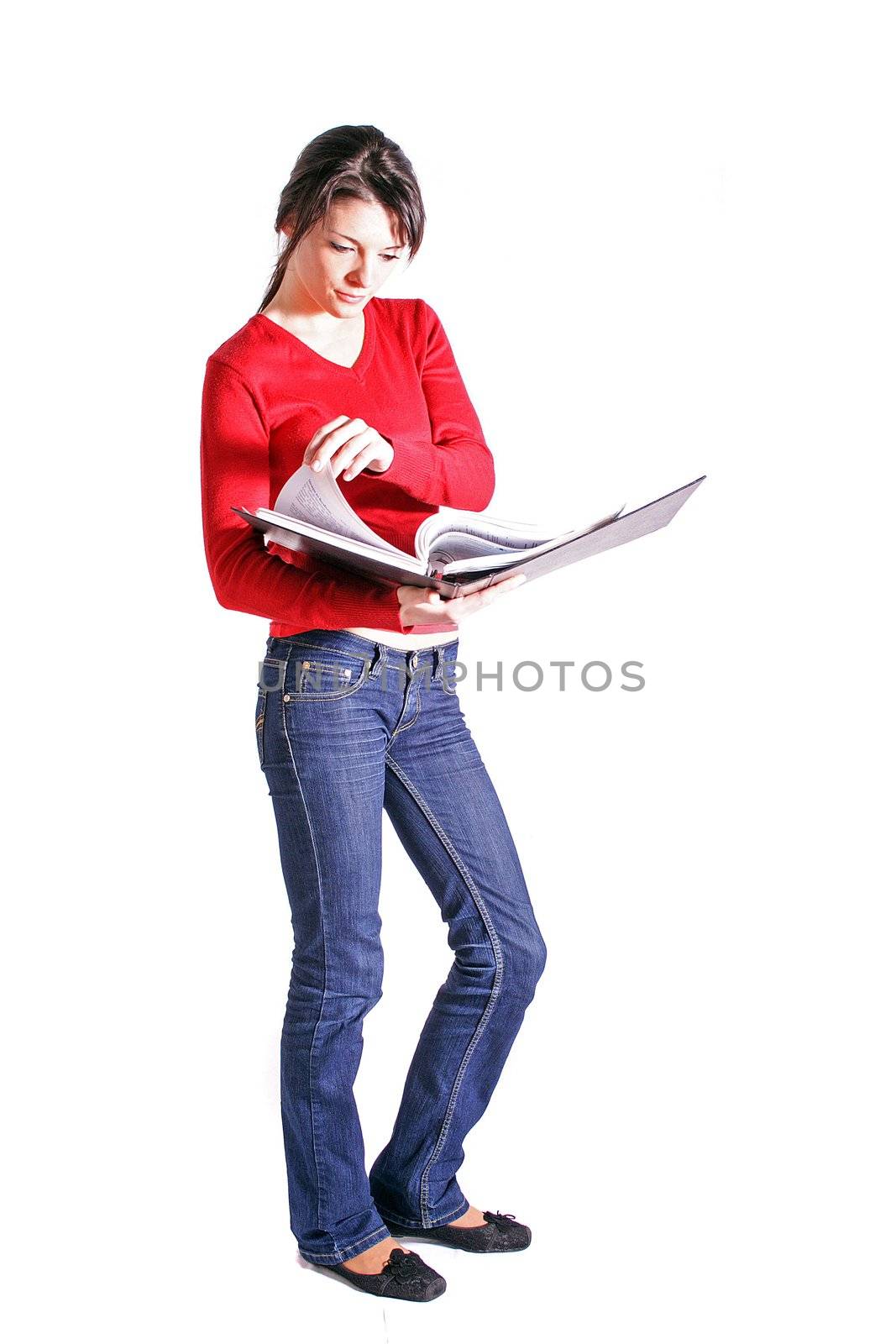 Full length shof of an attractive student. All on white background.