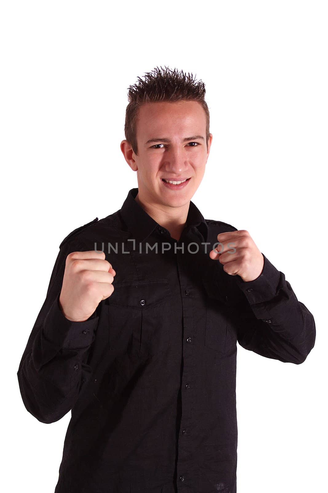 A young man getting ready for battle. Allisolated on white background.