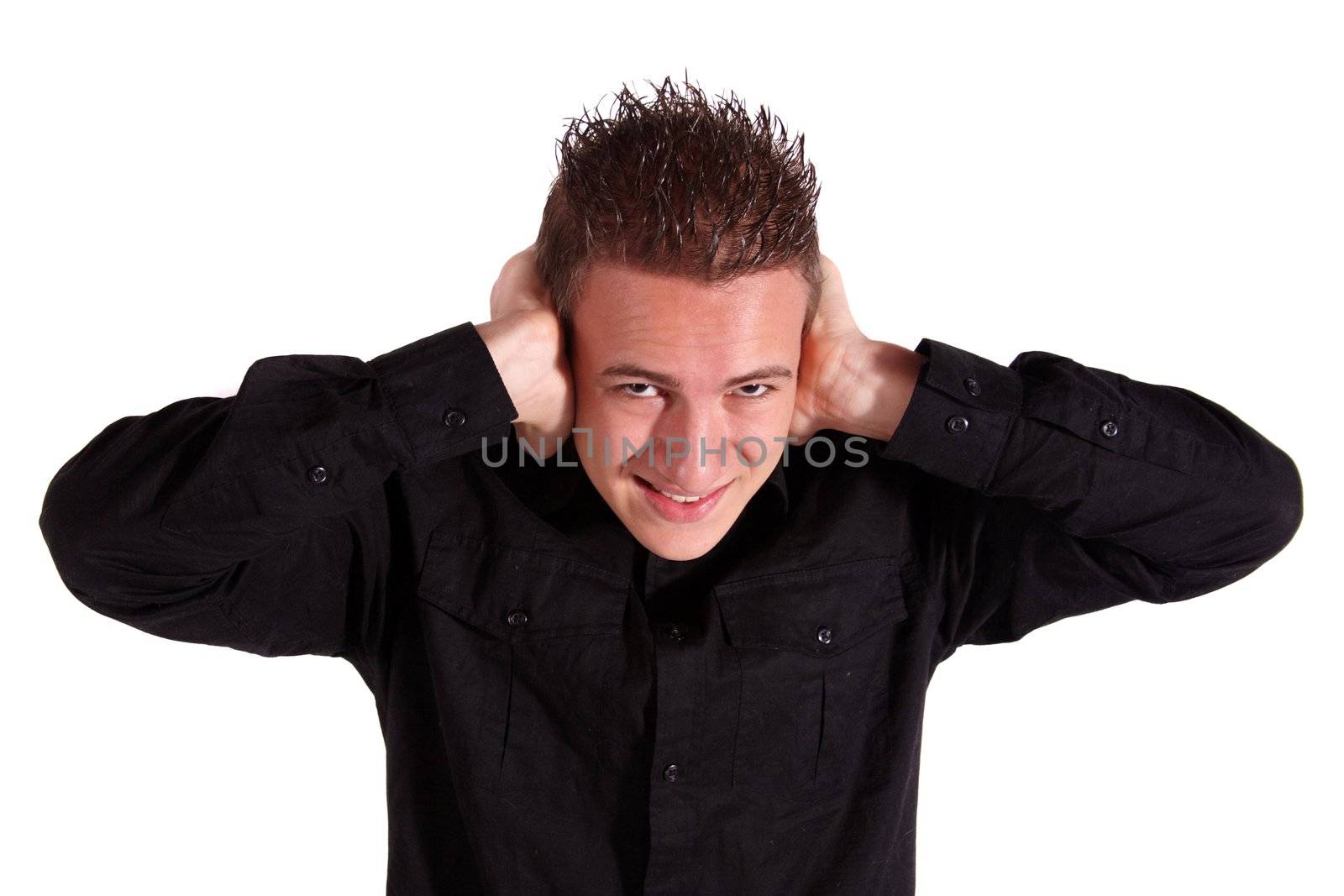 A young man suffers from extreme noise. All isolated on white background.