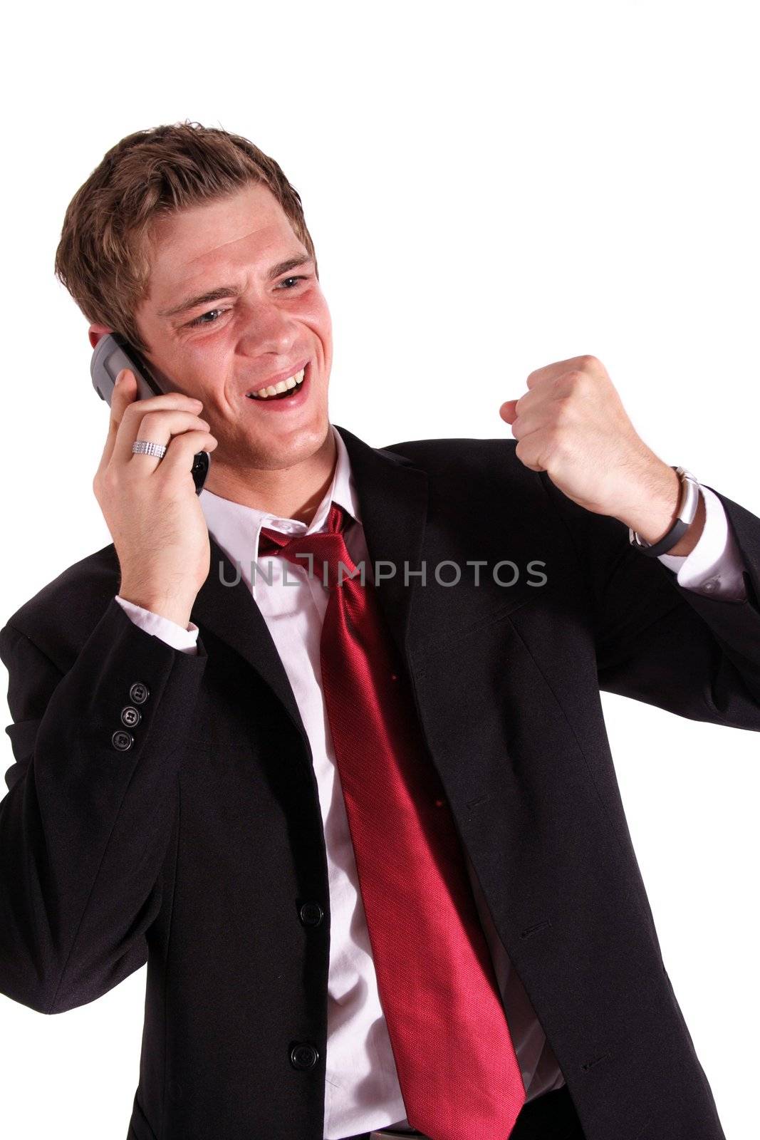 A business making a pleasant call. All isolated on white background.