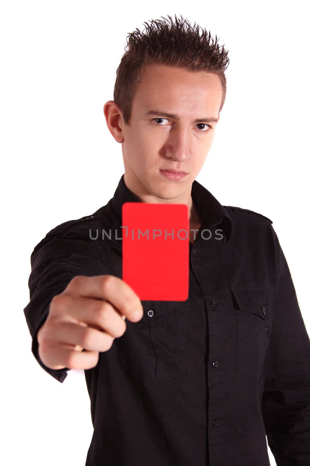 A young handsome man shows someone a red card. All isolated on white background.