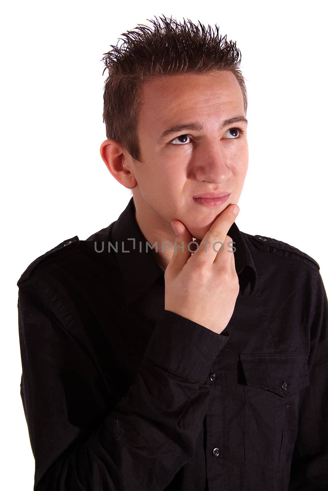 A young handsome man deliberates a decision. All isolated on white background.