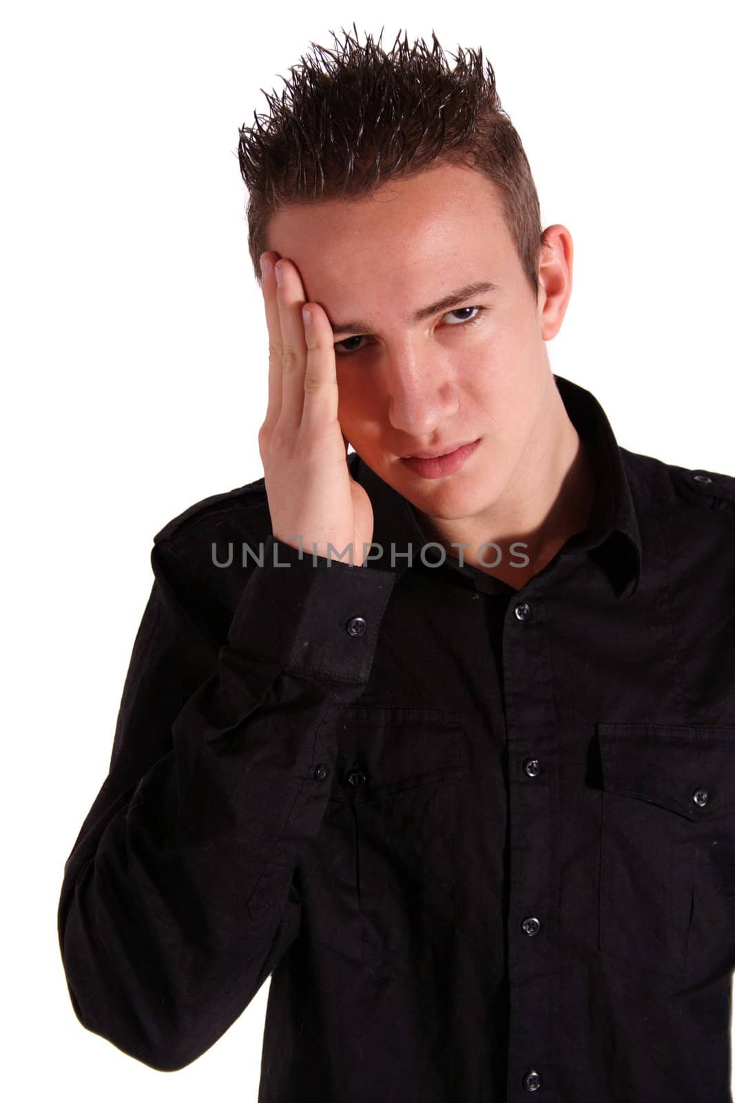 A young man suffers from migraine. All isolated on white background.