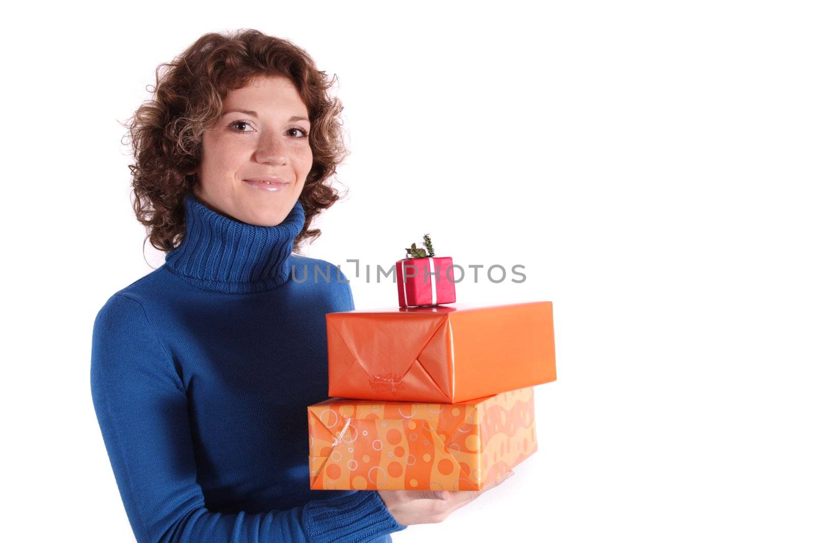 A handsome young woman holding a pile of fine wrapped presents. All isolated on white background.