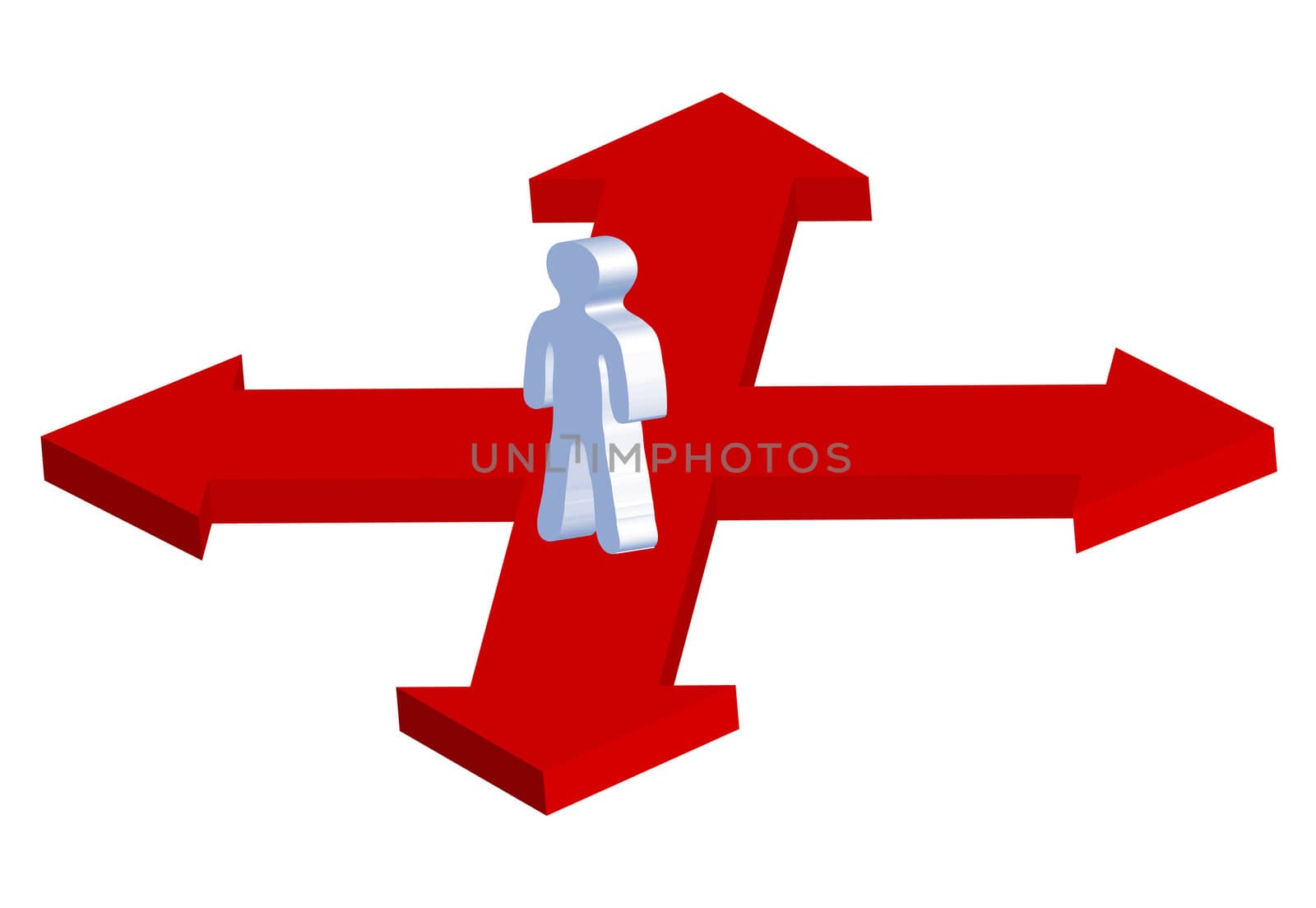 A stylized person has to choose the right way. All isolated on white background.