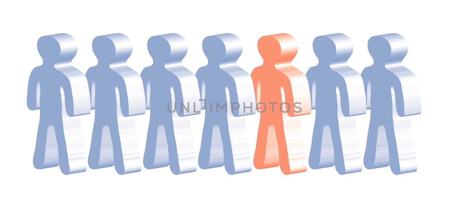A line of stylized person with one single outsider in different color.