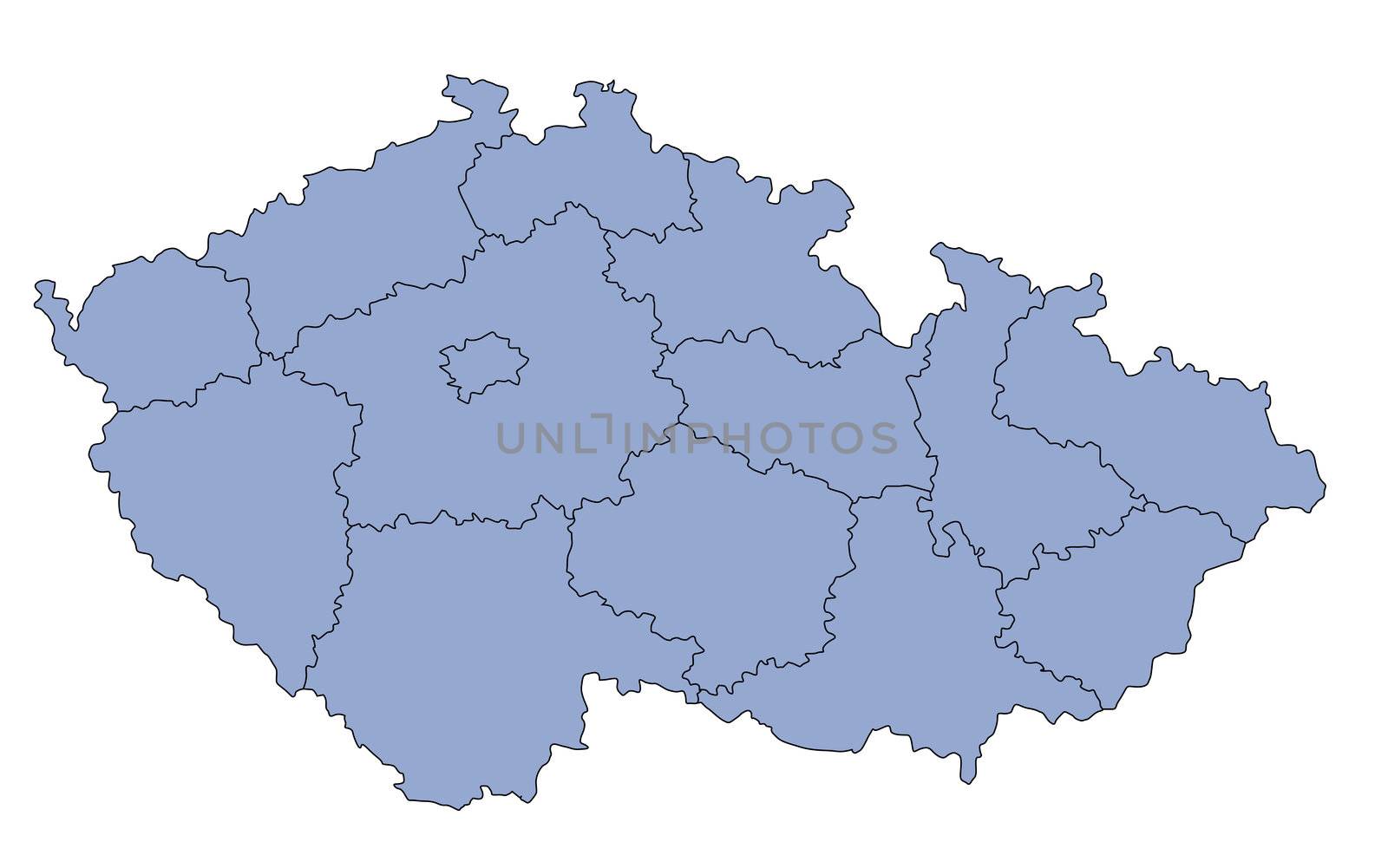 A stylized blank map of the Czech Republic in blue tone. All isolated on white background.