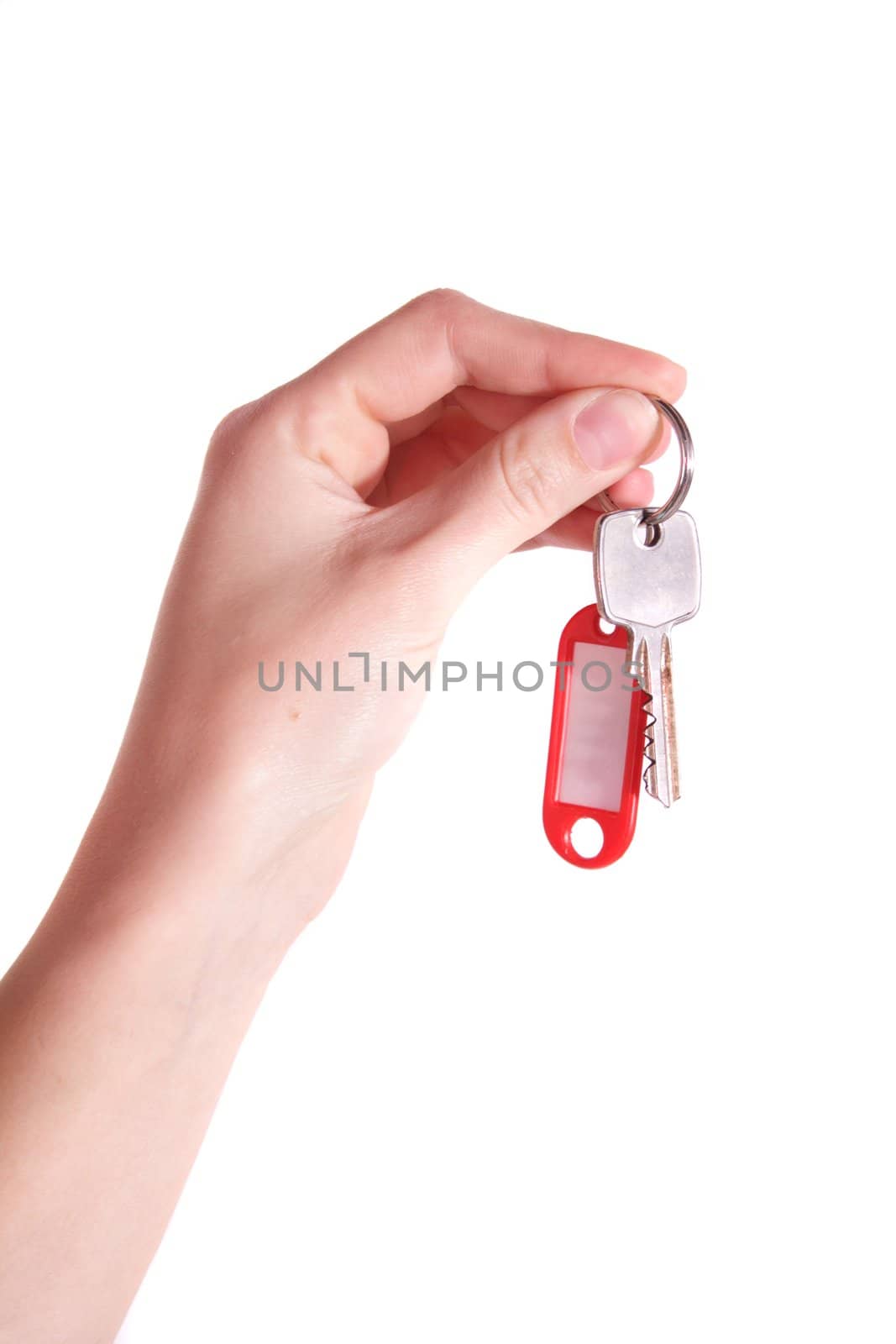 Someone handovers some keys. All isolated on white background.