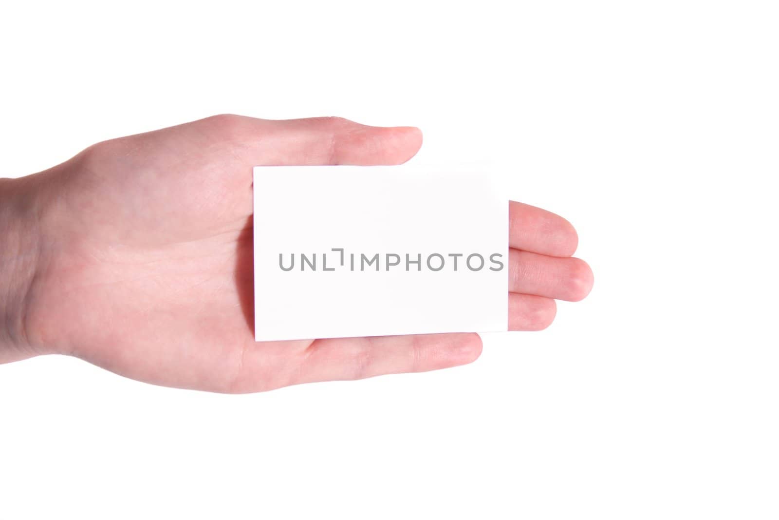 A hand holds a blank business card. Isolated on white background.