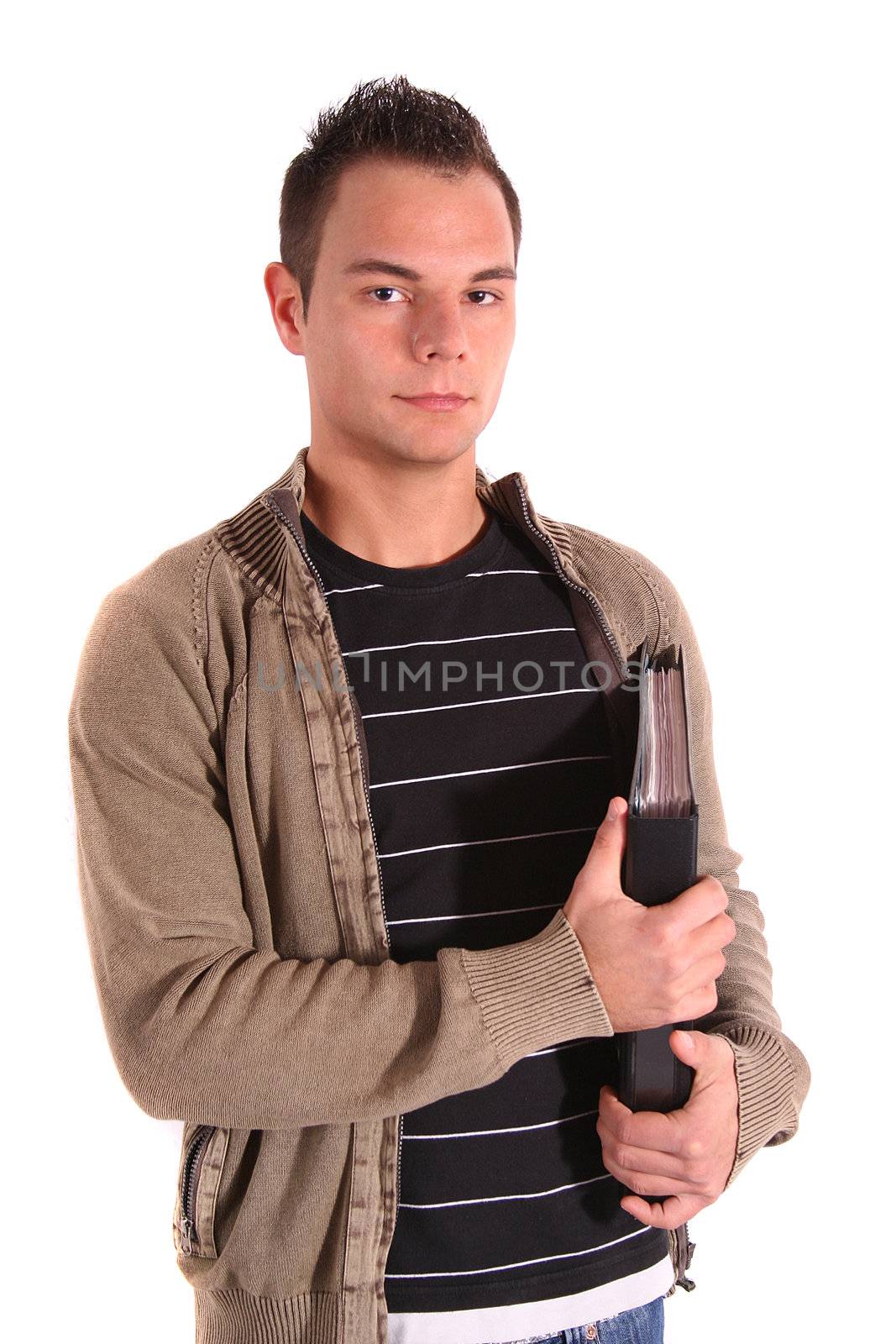 A young handsome student standing in front of a white background.