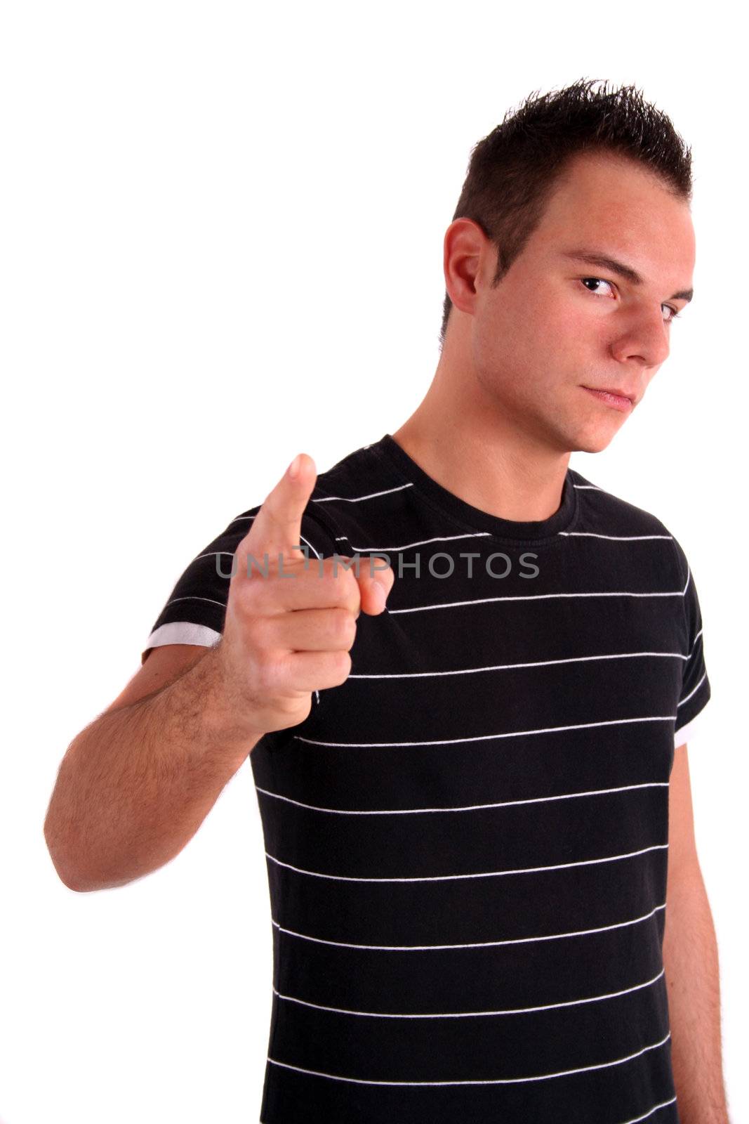 An annoyed young man making a threatening gesture. All isolated on white background.