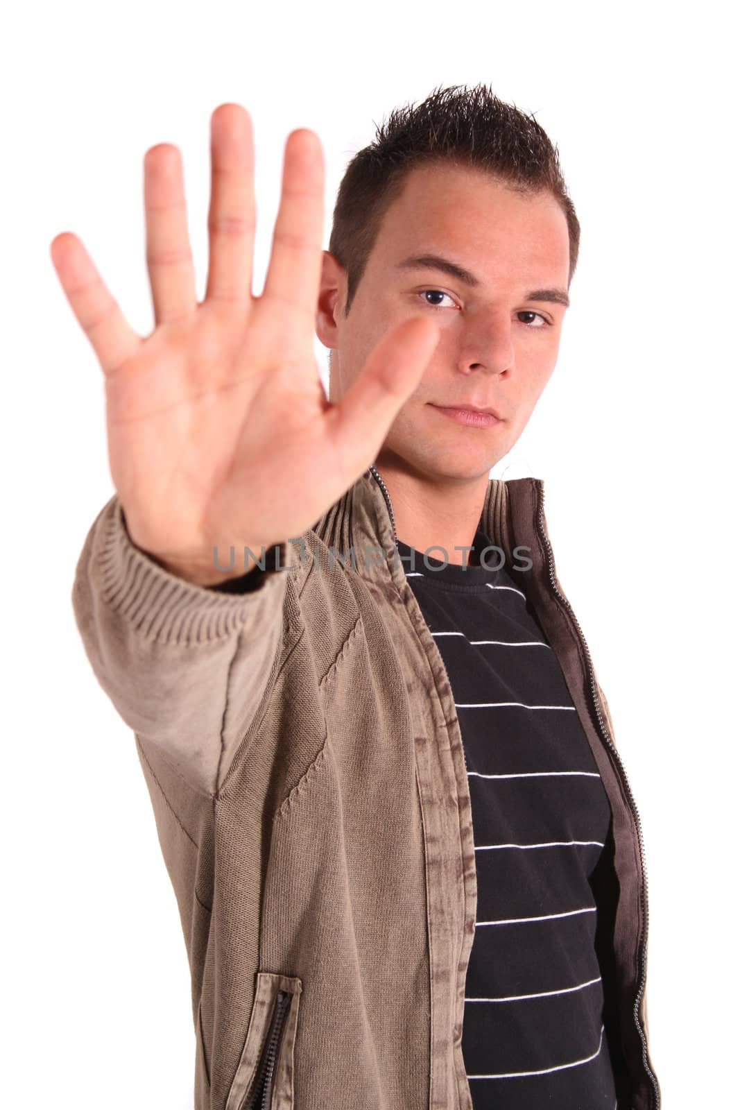 A handsome young man stops someone. All isolated on white background.