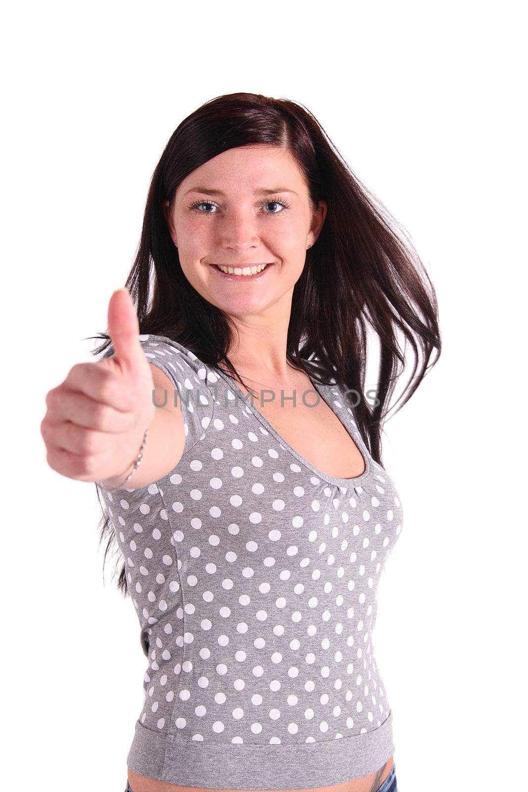 A young handsome woman praises someone. All isolated on white background.
