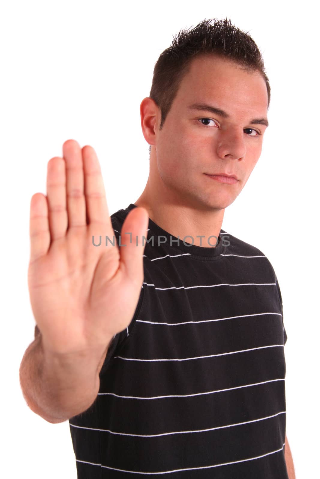 A handsome young man stops someone. All isolated on white background.