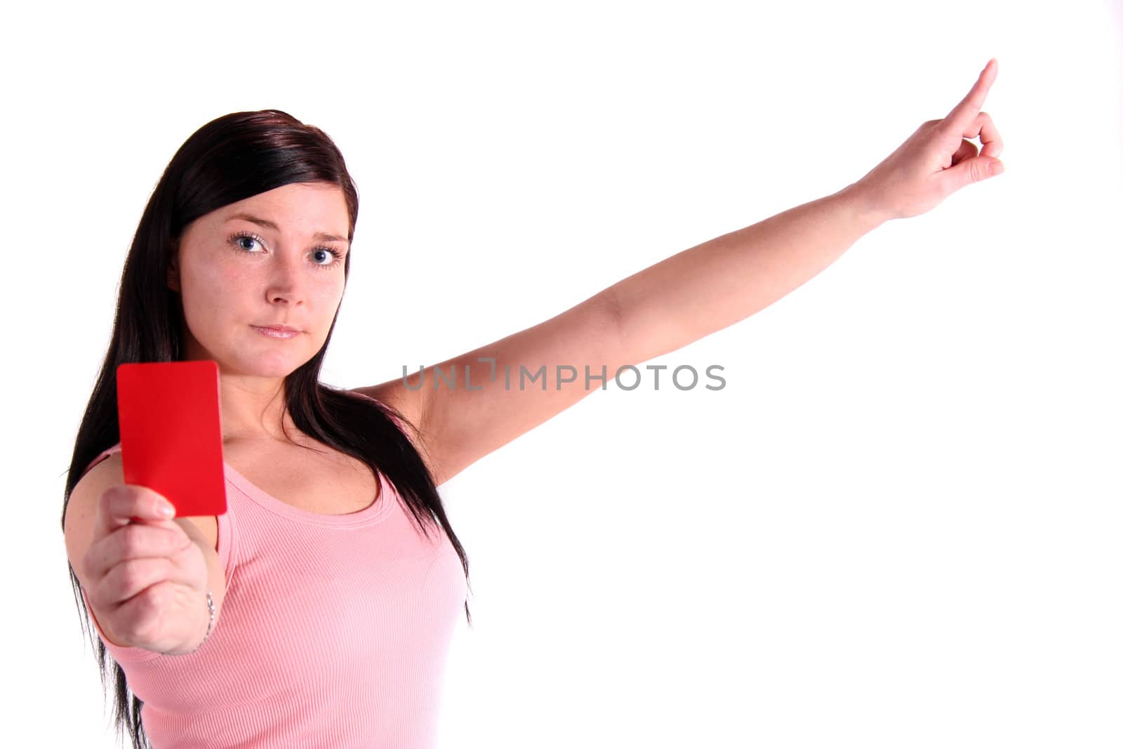 A young woman holding a red card. All isolated on white background.