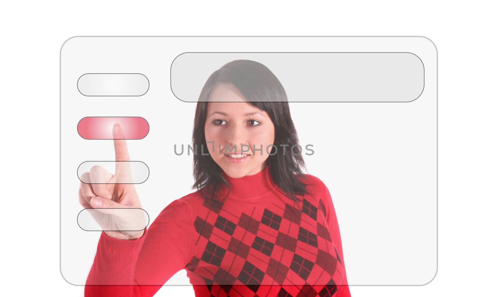 A young woman using a modern interface menu. All isolated on white background.