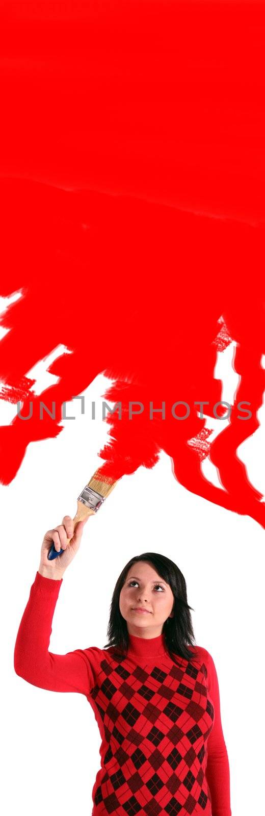 A young handsome woman painting. All isolated on white background.