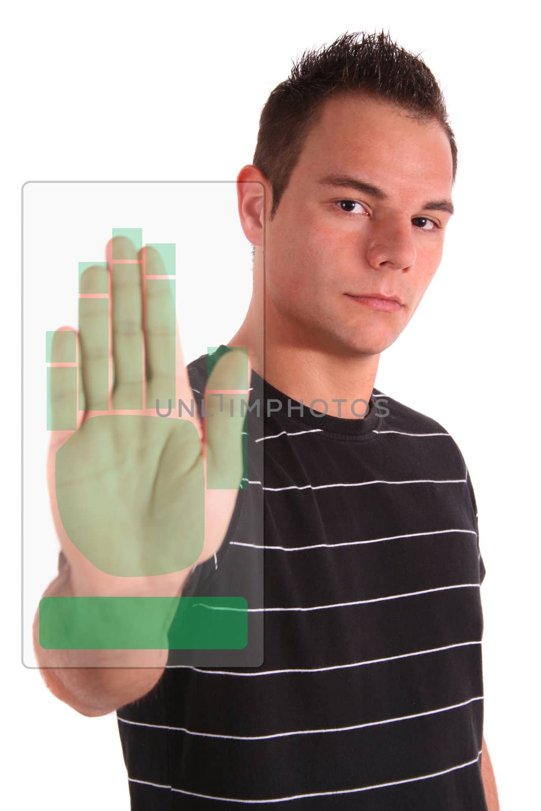 A handsome young man has to pass a security check. All isolated on white background.