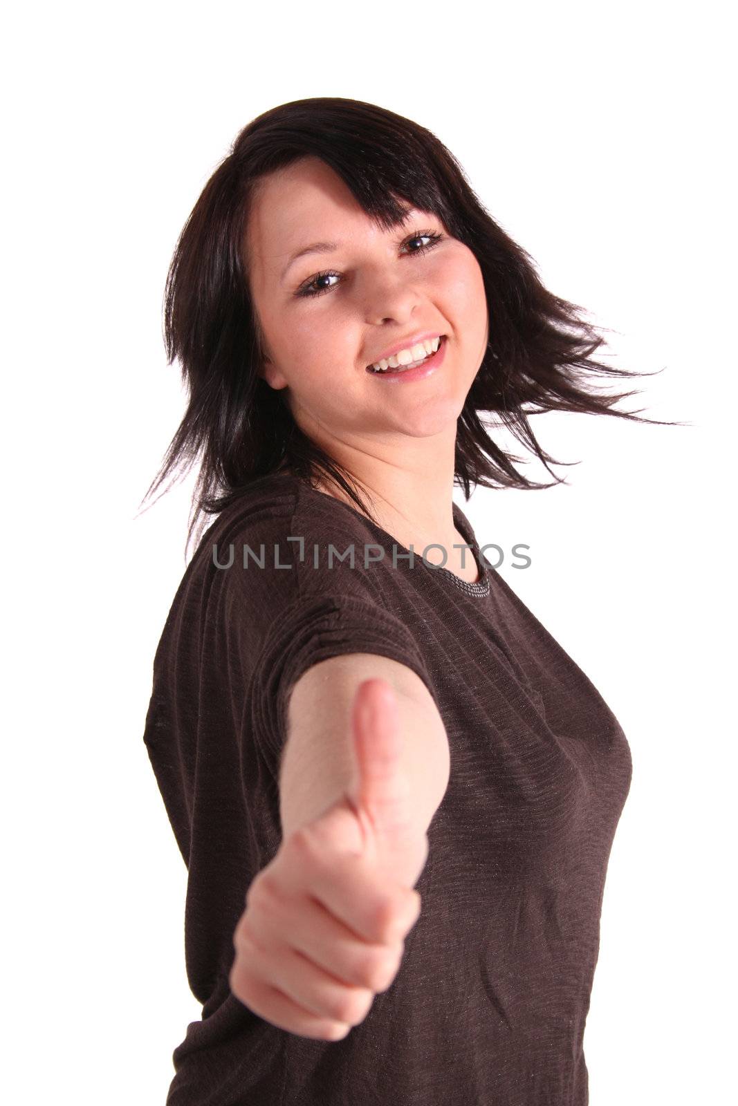 A young handsome woman praises someone. All isolated on white background.