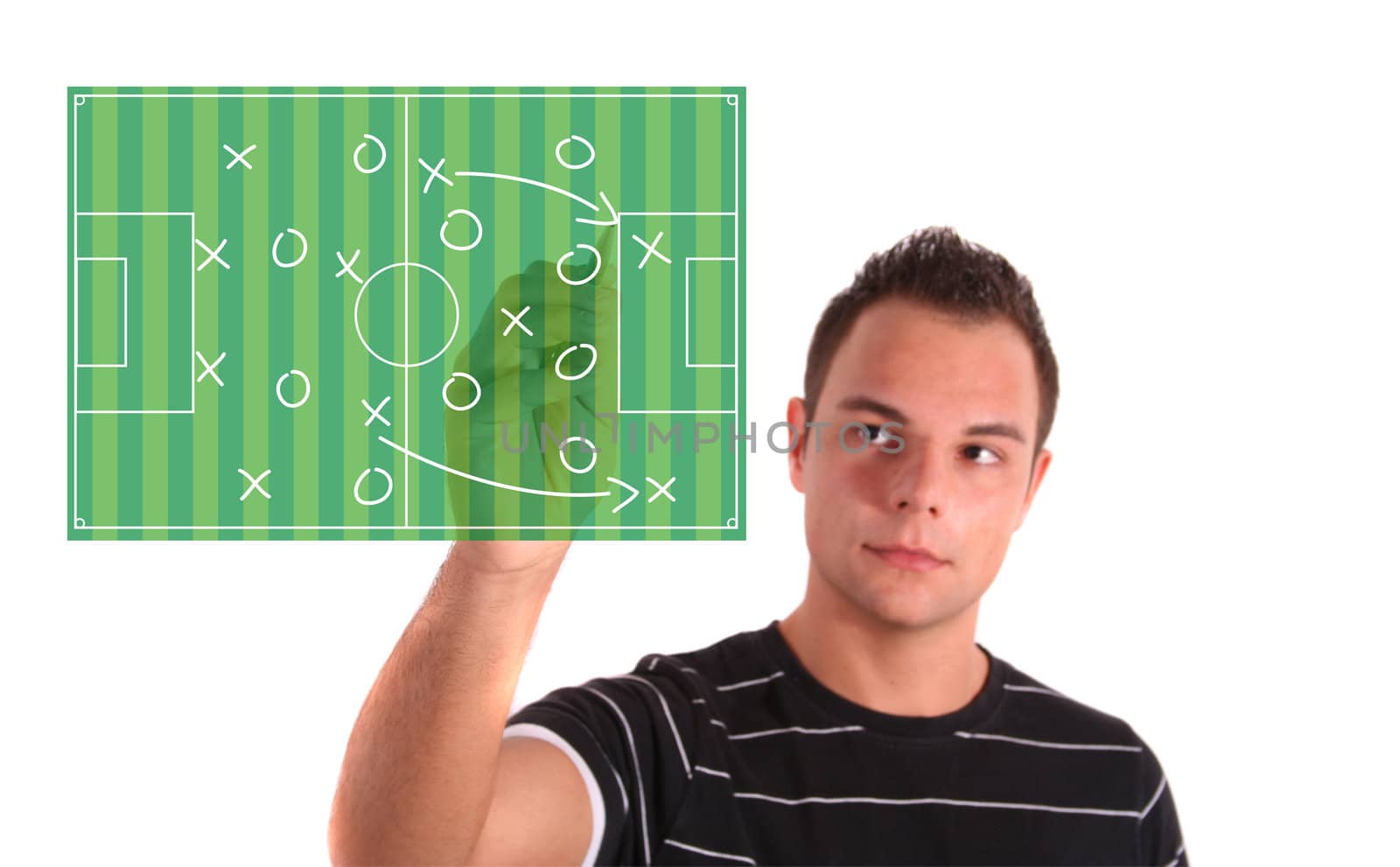 A handsome young man instructing some strategies. All isolated on white background.