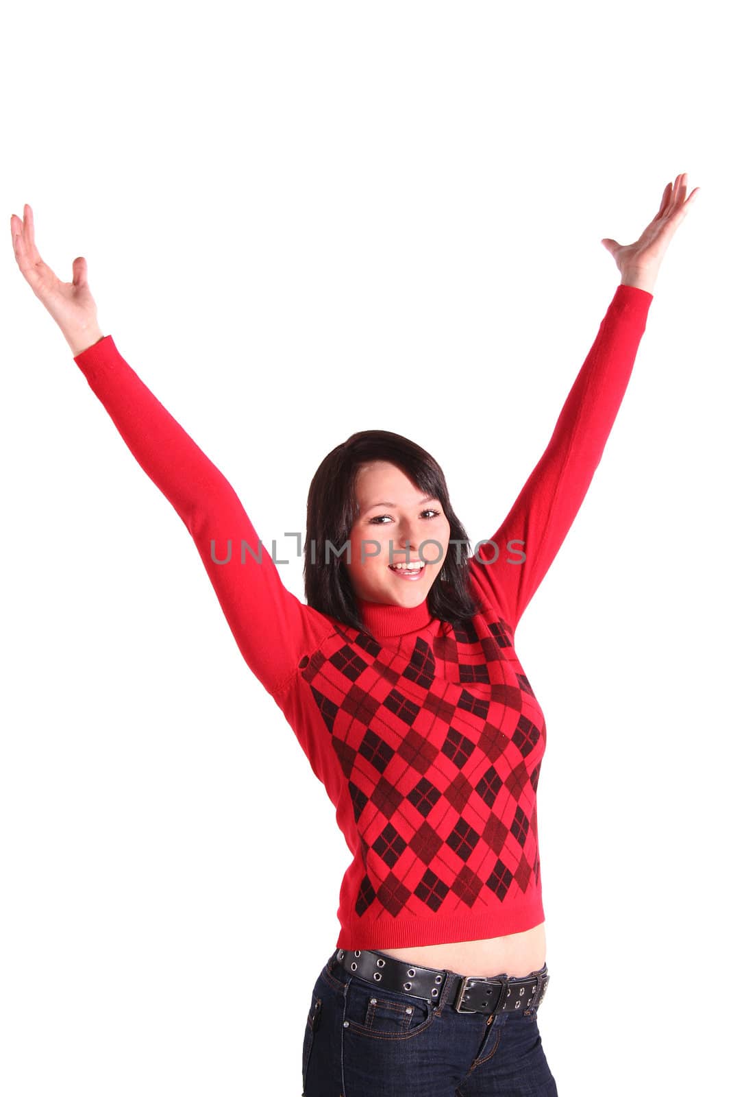 A young handsome woman jubilates. All isolated on white background.