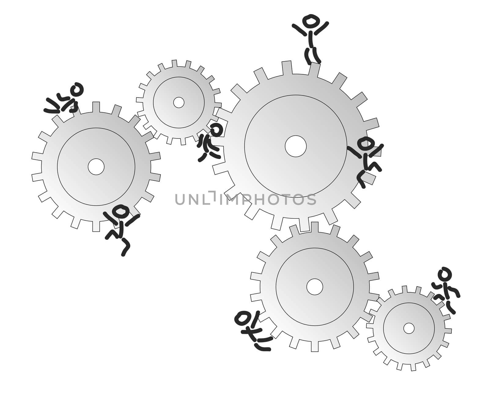 Several matchstick men climbin on cogwheels. All isolated on white background.