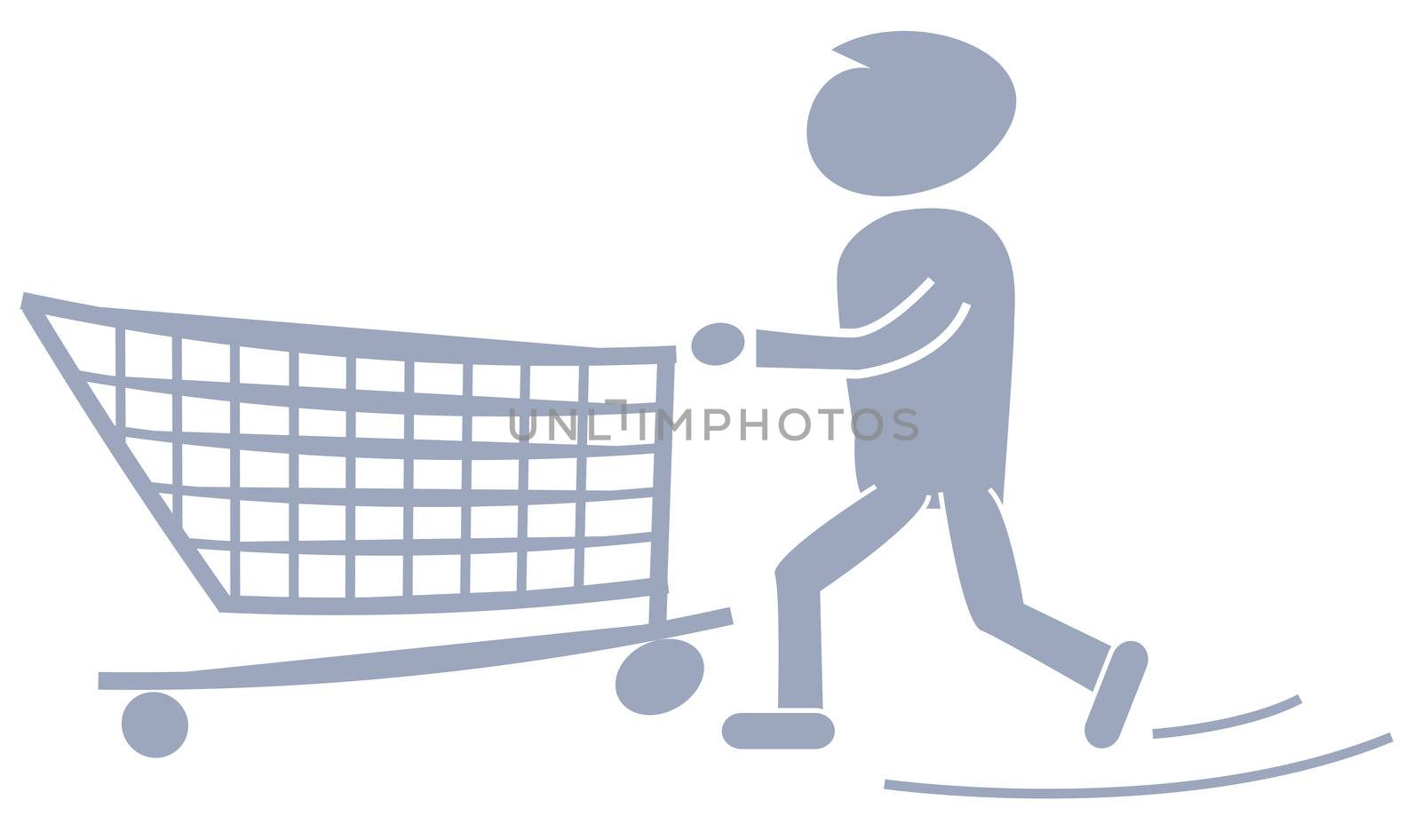 An illustrated shopping cart with customer. All isolated on white background.