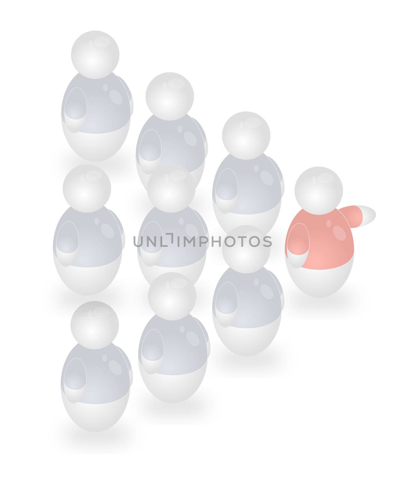 A troup of stylized persons following their leader. All isolated on white background.