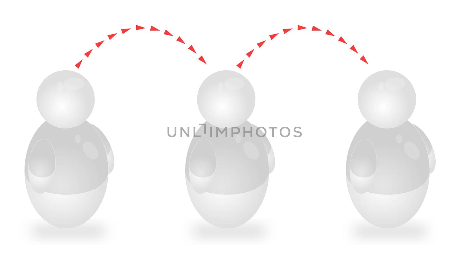 Three stylized persons standing side by side and connected to each other. All isolated on white background.