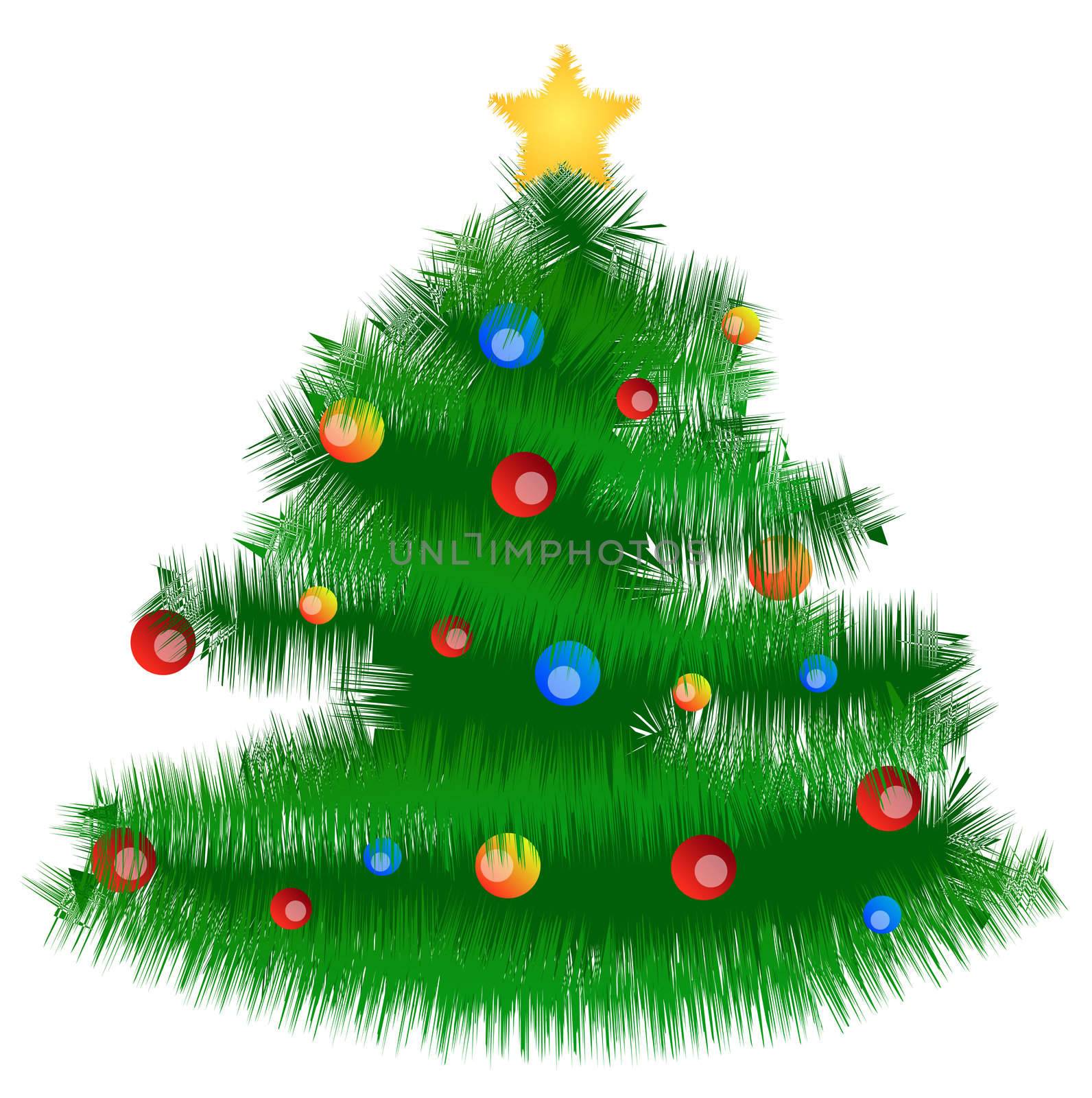 A stylized christmas tree with several glitter balls. ll isolated on white background.