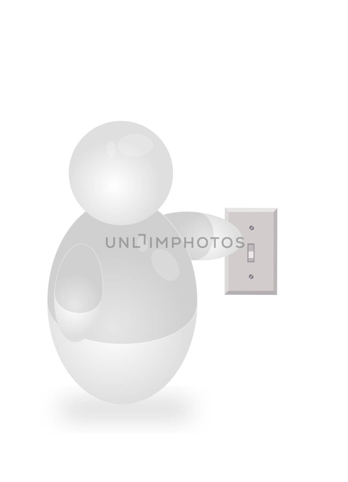 A stylized person turns off the light to lower the electricity bill. All isolated on white background.