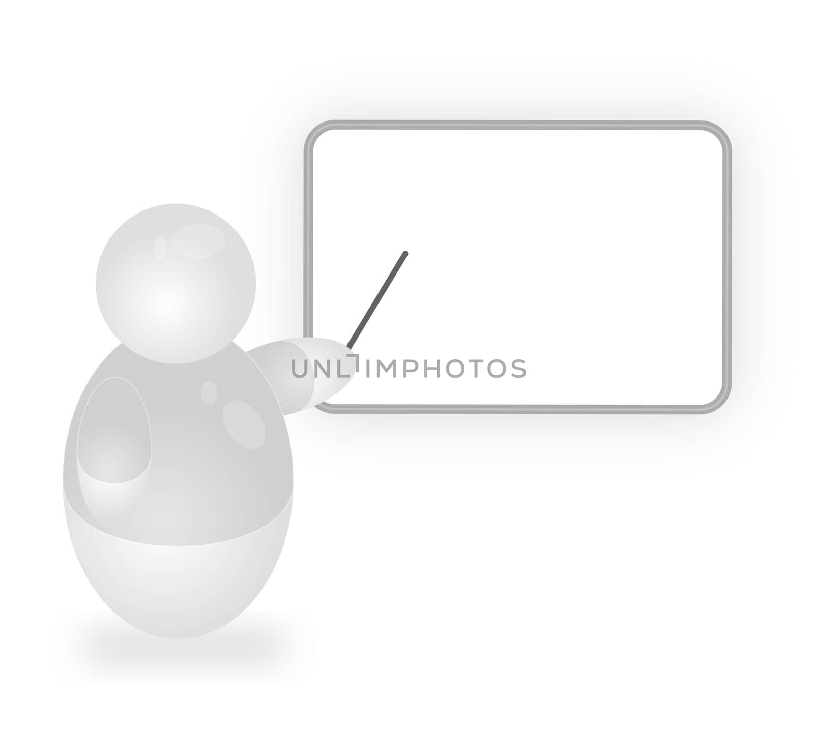 A stylized person points at a blackboard. All isolated on white baackground.