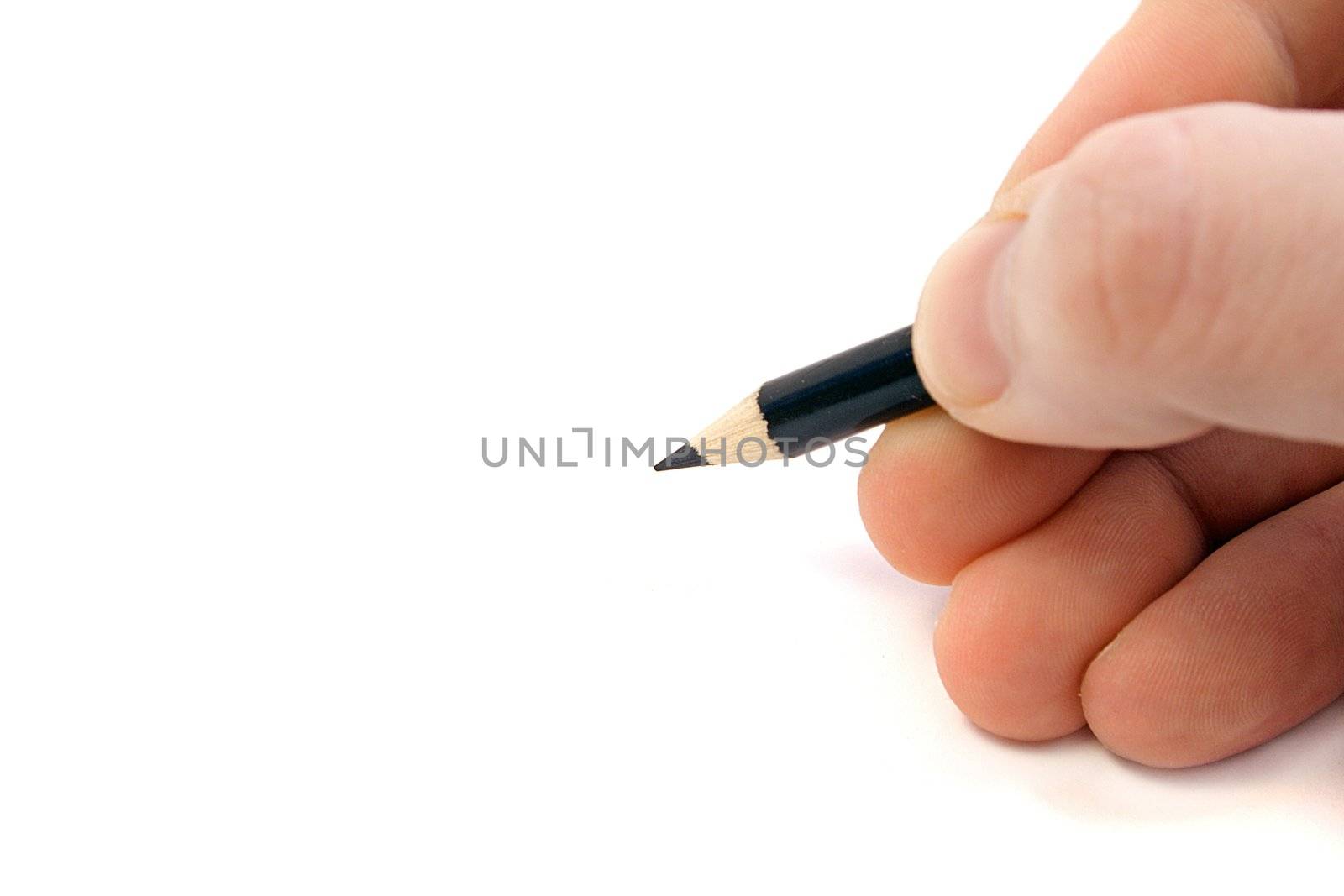 A hand holding a pencil starts to draw something on awhite background.