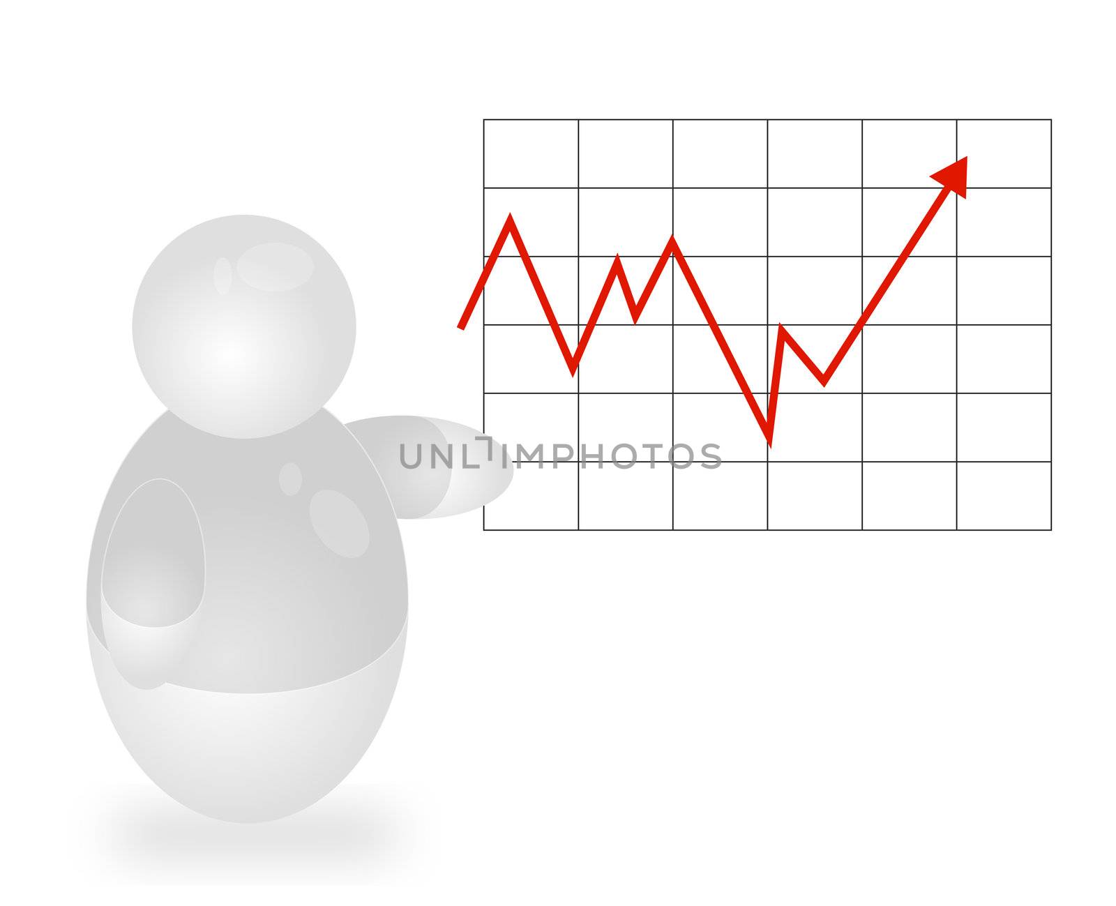 A stylized person standing next to a positive chart. All isolated on white background.