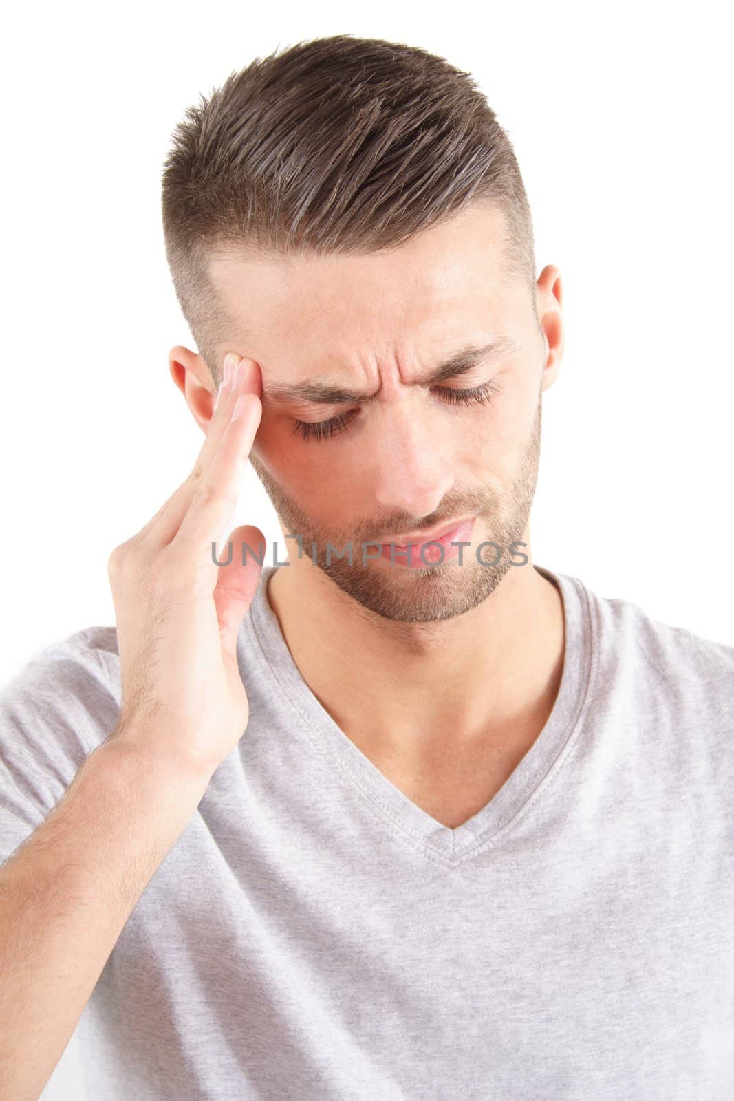 A handsome man got a bad headache. All isolated on white background.