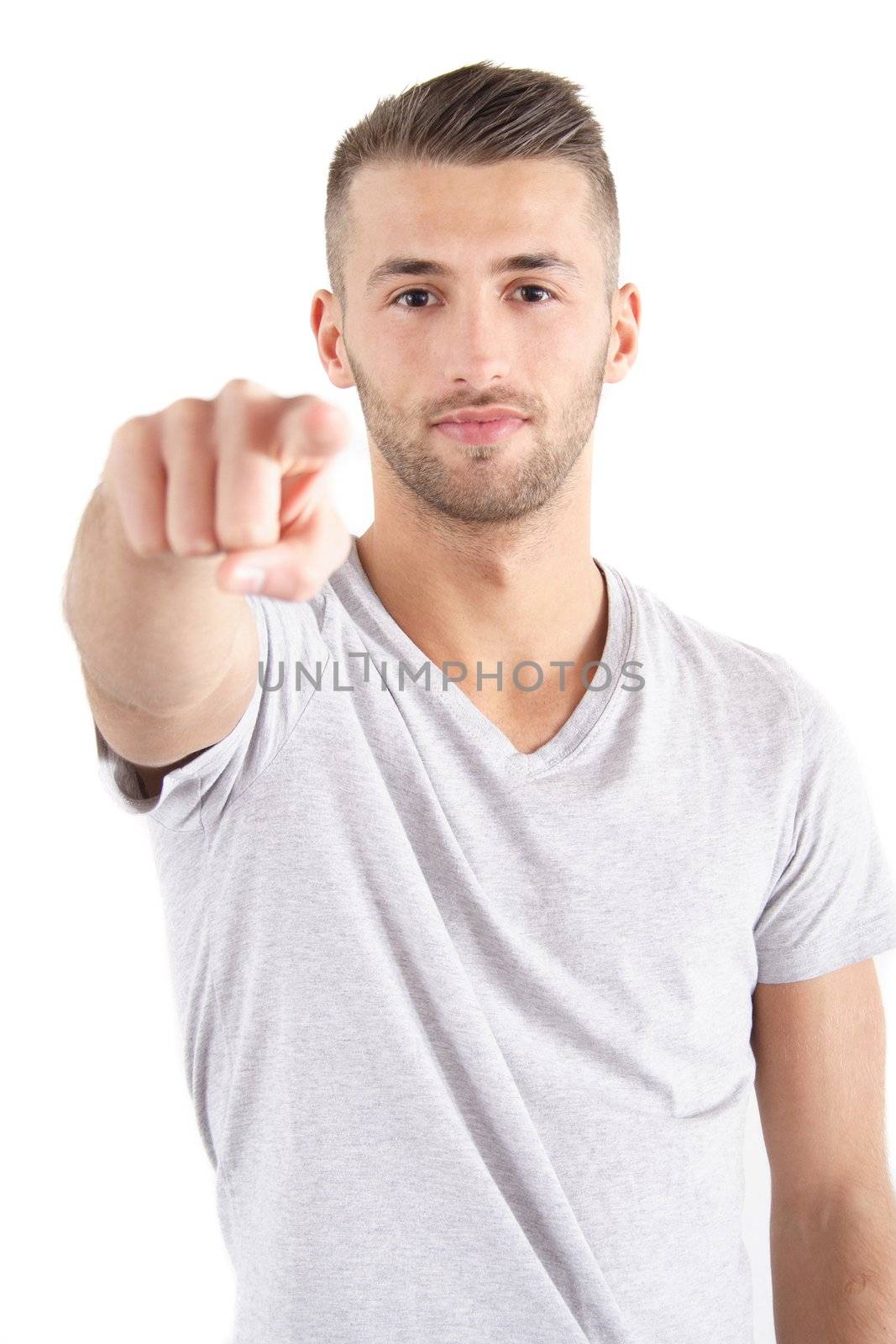 A handsome man picks someone or something. All isolated on white background.