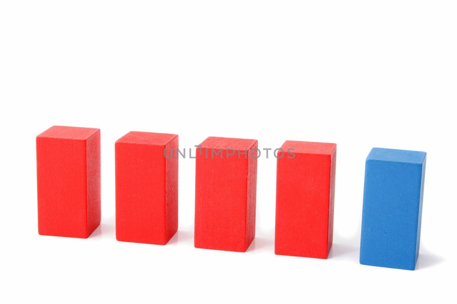 A single block in a line of different colored blocks. All isolated on white background.