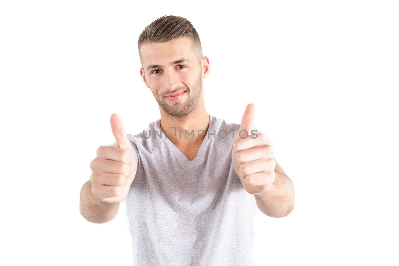 A handsome man praises someone. All isolated on white background.