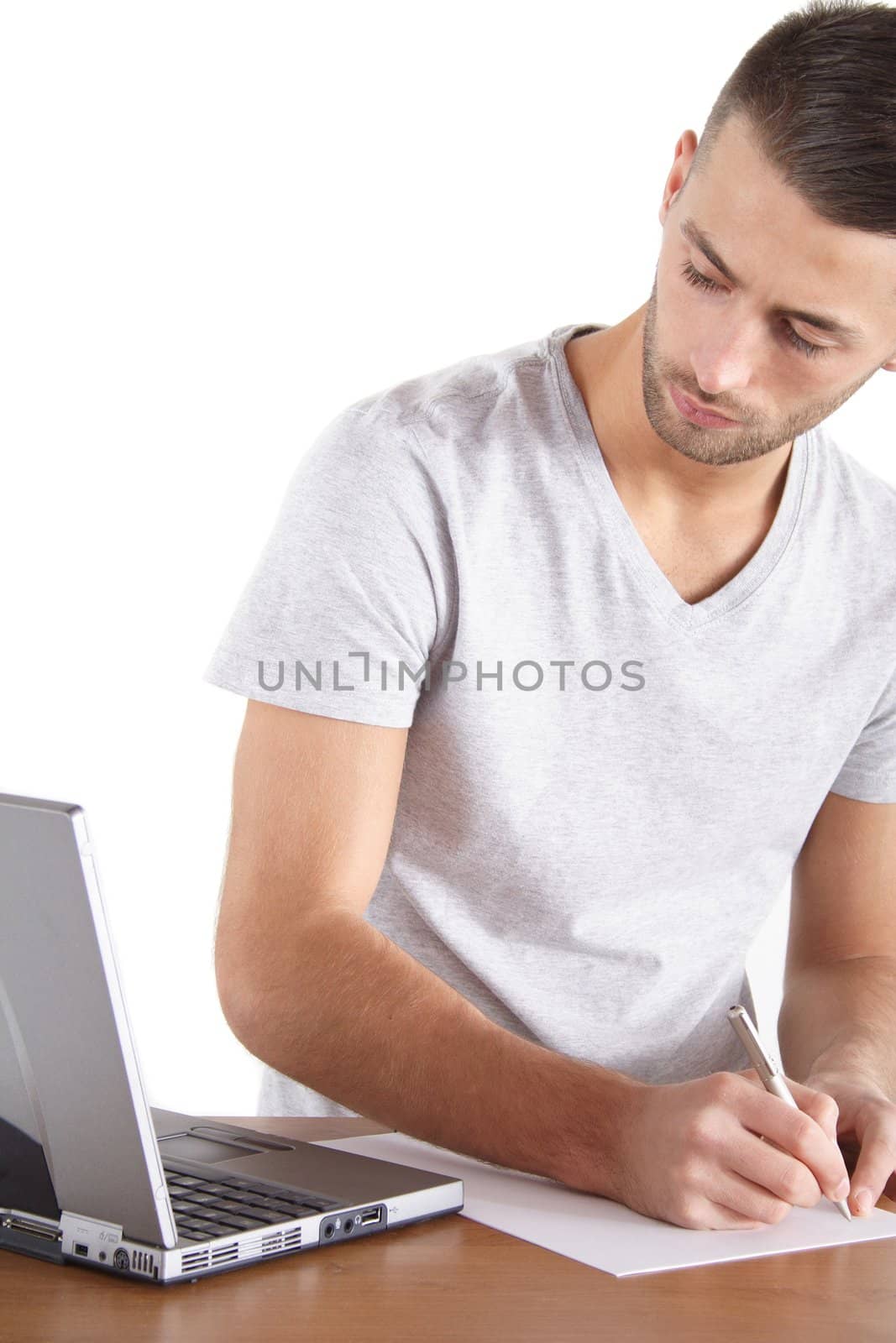 A smarting young man working. All isolated on white background.